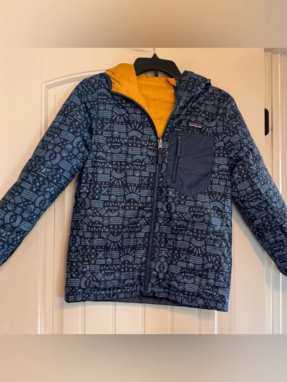 Patagonia Kids Reversible Down Sweater Hoody Navy & Mustard – Size L (12)